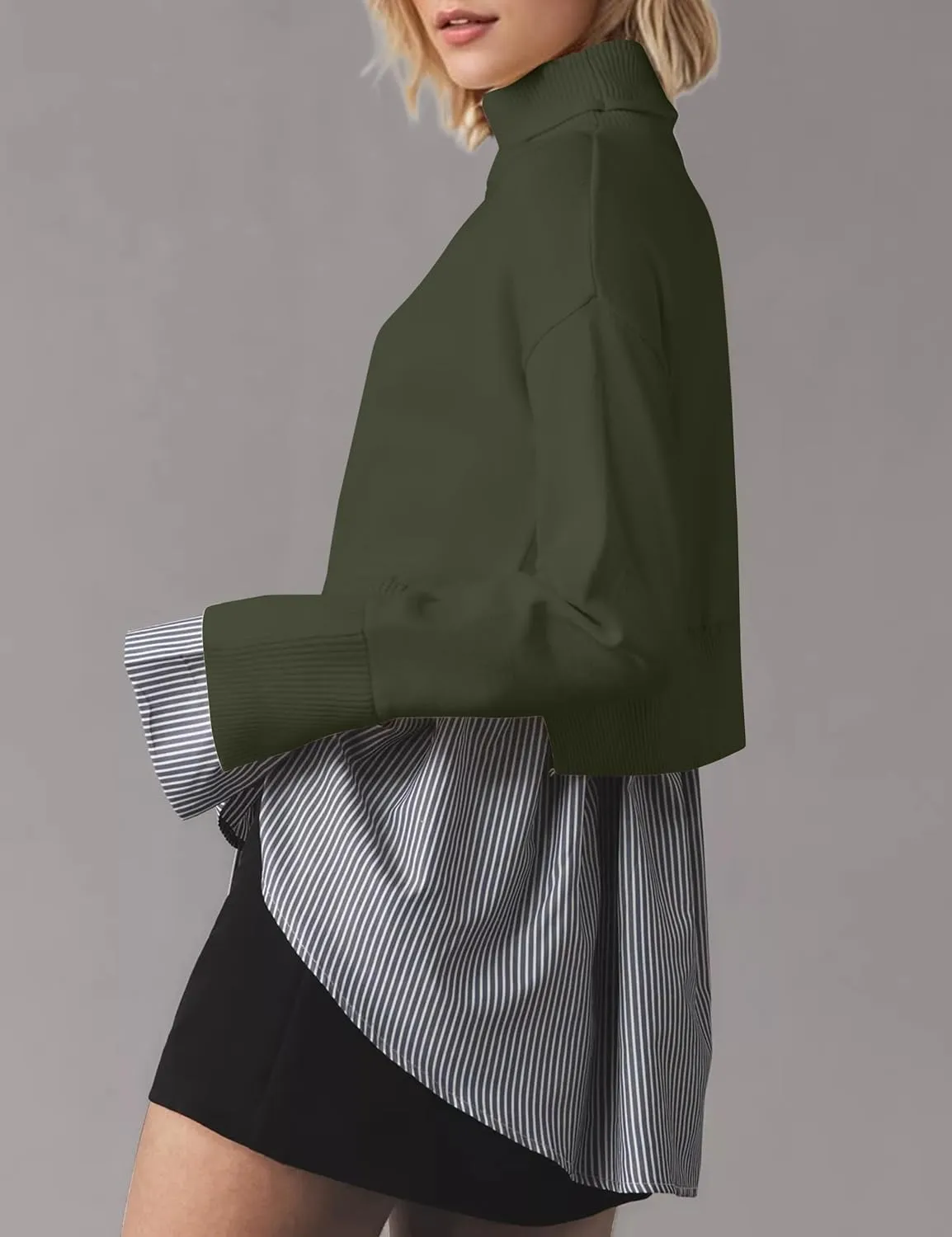 MISSACTIVER Women Slit Turtleneck Patchwork Sweater 2 in 1 Buttons Down Pullover Knit Sweater Asymmetrical Hem Shirt Top