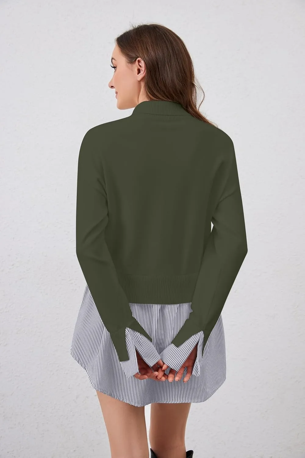 MISSACTIVER Women Slit Turtleneck Patchwork Sweater 2 in 1 Buttons Down Pullover Knit Sweater Asymmetrical Hem Shirt Top