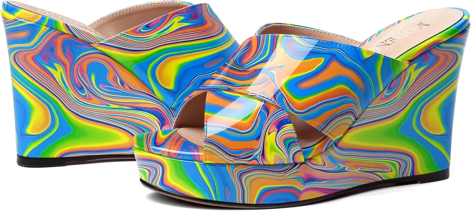 MODENCOCO Womens Casual Open Toe Heels Patent Slip On Platform Party Sexy Wedge High Heel Heeled Sandals 4 Inch