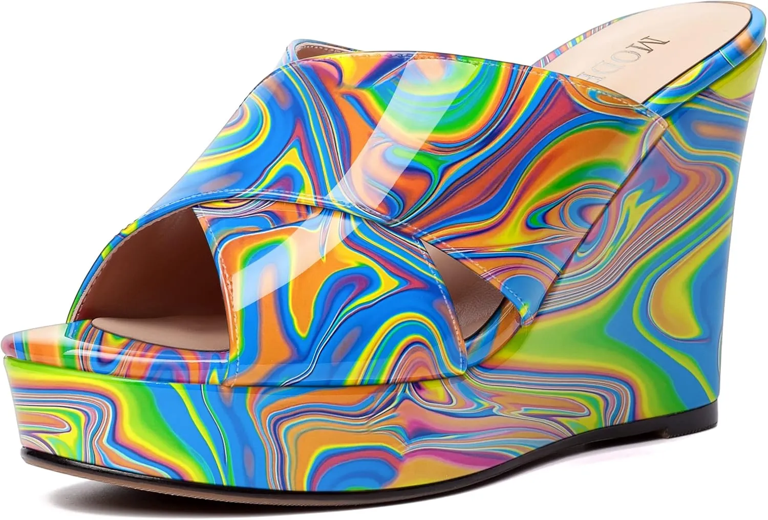 MODENCOCO Womens Casual Open Toe Heels Patent Slip On Platform Party Sexy Wedge High Heel Heeled Sandals 4 Inch