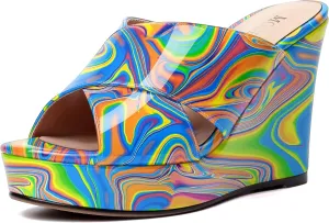 MODENCOCO Womens Casual Open Toe Heels Patent Slip On Platform Party Sexy Wedge High Heel Heeled Sandals 4 Inch