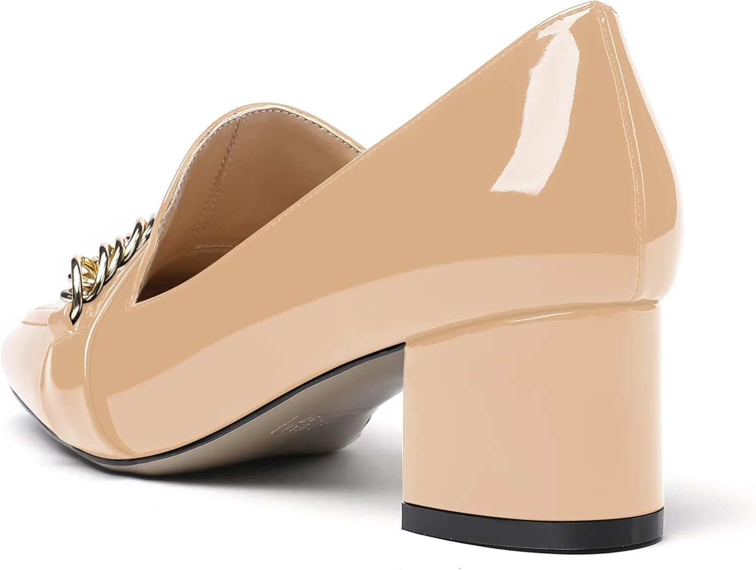 MODENCOCO Women's Patent Loafers Metal Chain Casual Business Square Toe Slip On Chunky Low Heel Pumps Shoes 2 Inch