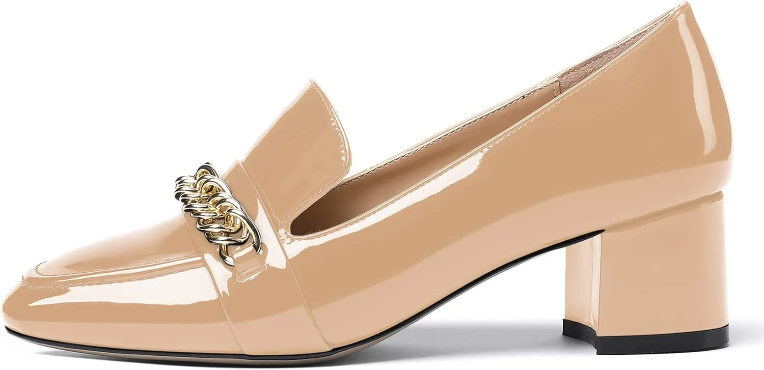 MODENCOCO Women's Patent Loafers Metal Chain Casual Business Square Toe Slip On Chunky Low Heel Pumps Shoes 2 Inch