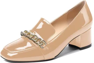 MODENCOCO Women's Patent Loafers Metal Chain Casual Business Square Toe Slip On Chunky Low Heel Pumps Shoes 2 Inch