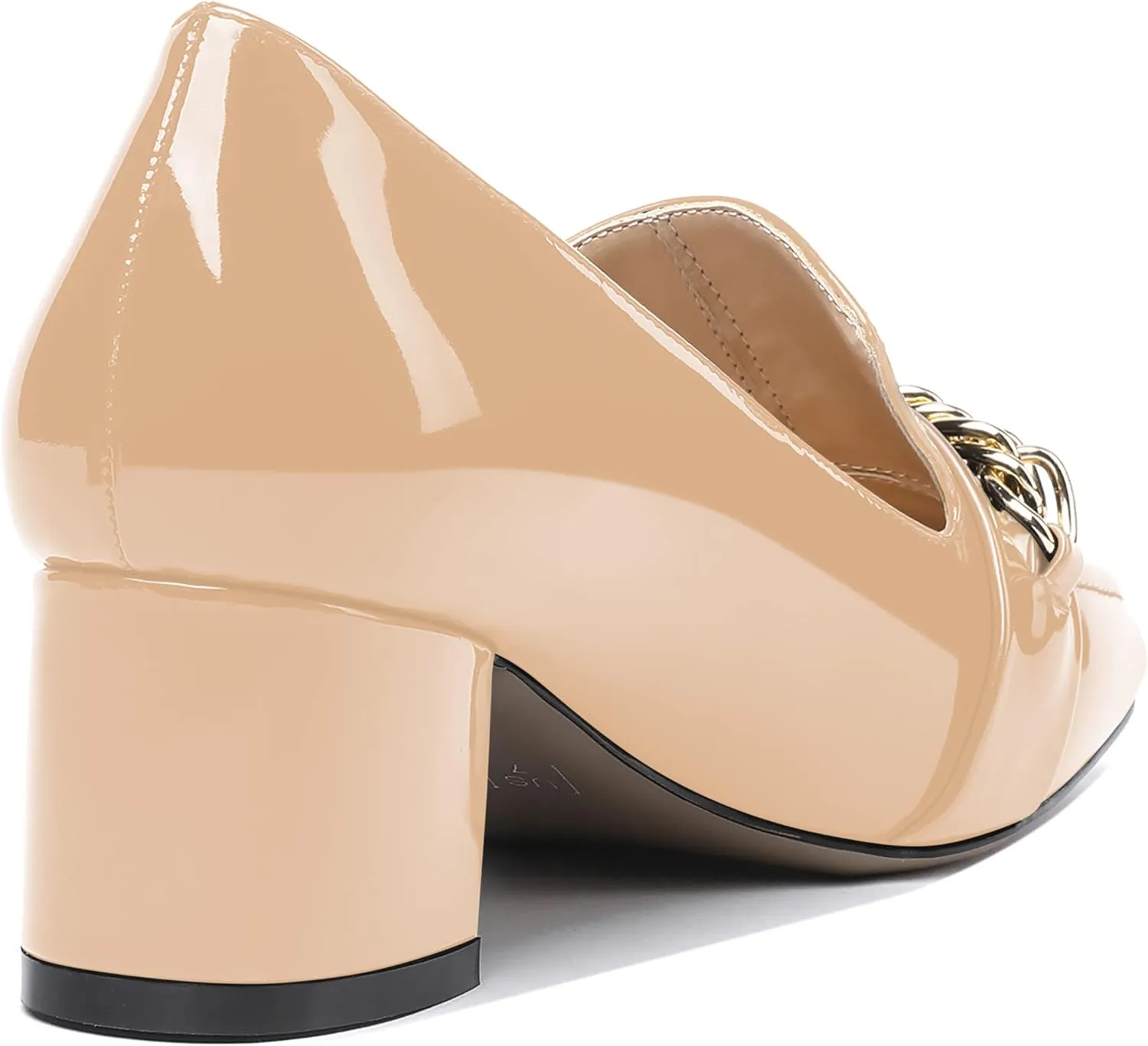 MODENCOCO Women's Patent Loafers Metal Chain Casual Business Square Toe Slip On Chunky Low Heel Pumps Shoes 2 Inch