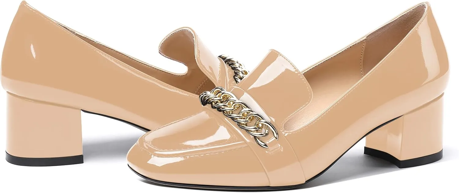 MODENCOCO Women's Patent Loafers Metal Chain Casual Business Square Toe Slip On Chunky Low Heel Pumps Shoes 2 Inch