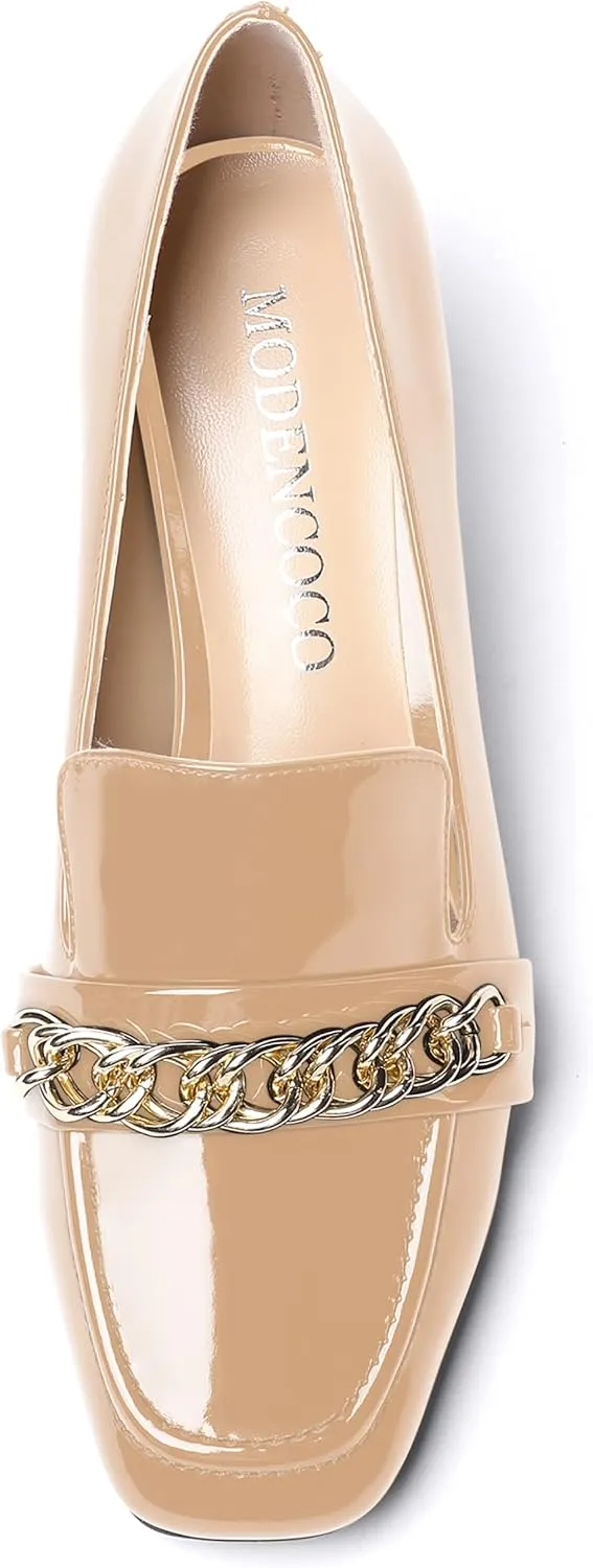 MODENCOCO Women's Patent Loafers Metal Chain Casual Business Square Toe Slip On Chunky Low Heel Pumps Shoes 2 Inch