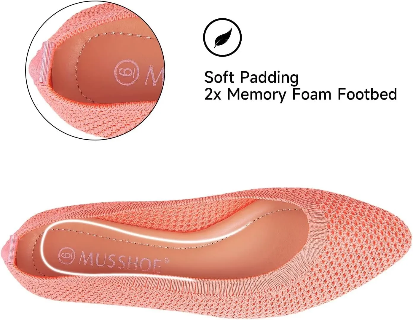 MUSSHOE Flats for Women Comfortable Mesh Women's Flats Knit Memory Foam Pointed Toe Flats Shoes Women