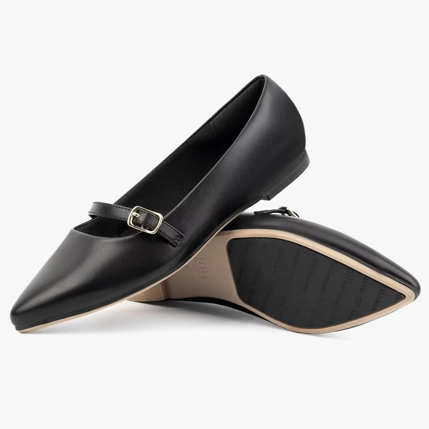 MUSSHOE Women Flats Comfortable Pointed Toe Flats Shoes with Strap PU Leather Slip on Shoes for Women