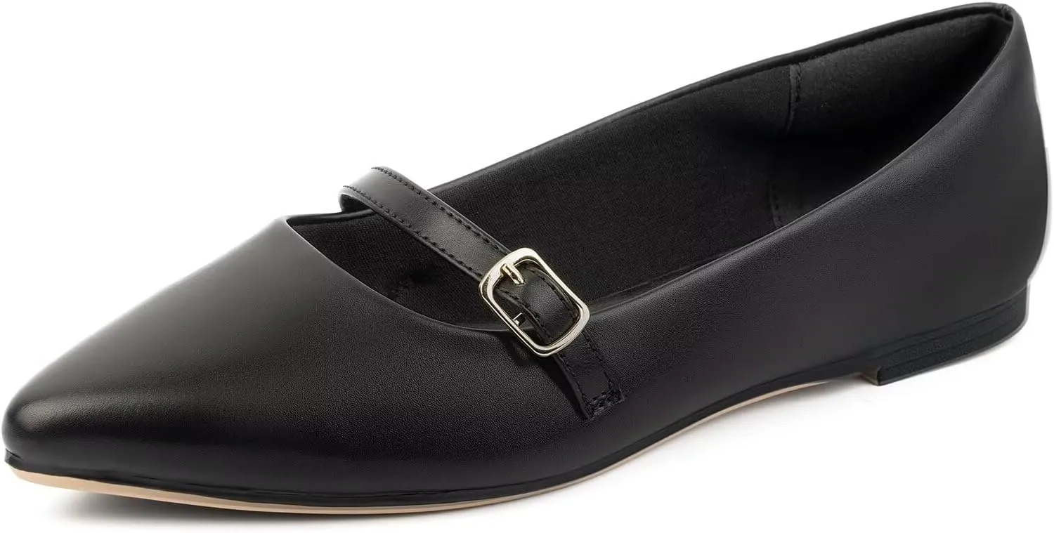 MUSSHOE Women Flats Comfortable Pointed Toe Flats Shoes with Strap PU Leather Slip on Shoes for Women
