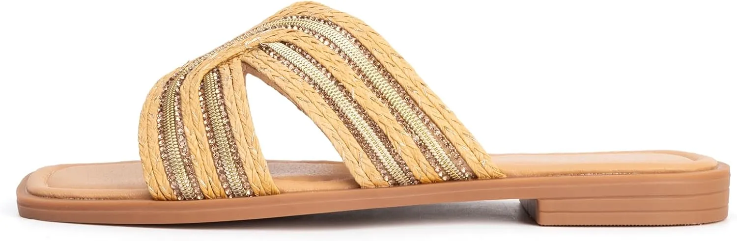 MUSSHOE Womens Flat Sandals Comfortable Slip On Dressy Open Square Toe Slides Sandals for Summer