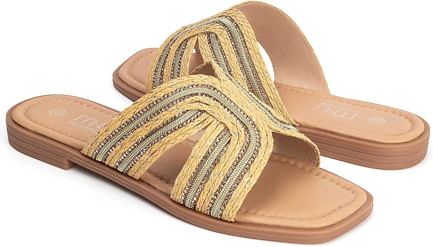 MUSSHOE Womens Flat Sandals Comfortable Slip On Dressy Open Square Toe Slides Sandals for Summer