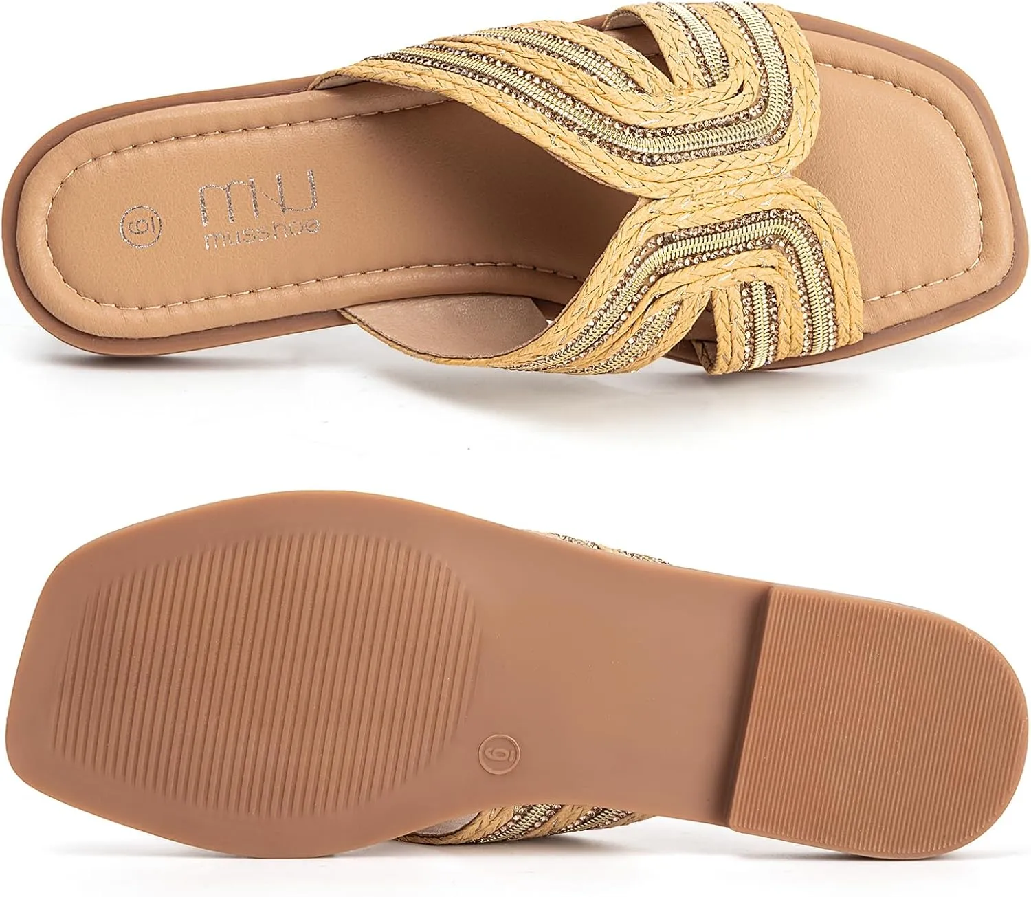MUSSHOE Womens Flat Sandals Comfortable Slip On Dressy Open Square Toe Slides Sandals for Summer