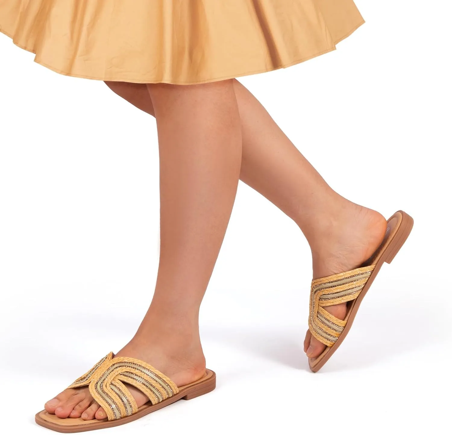 MUSSHOE Womens Flat Sandals Comfortable Slip On Dressy Open Square Toe Slides Sandals for Summer