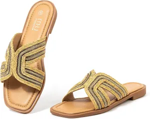 MUSSHOE Womens Flat Sandals Comfortable Slip On Dressy Open Square Toe Slides Sandals for Summer