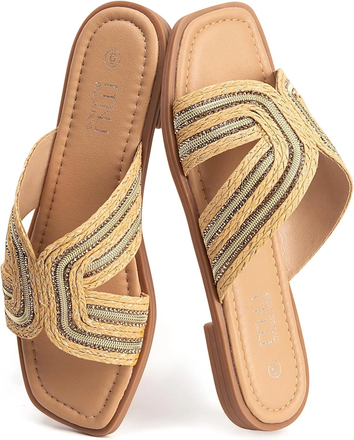 MUSSHOE Womens Flat Sandals Comfortable Slip On Dressy Open Square Toe Slides Sandals for Summer