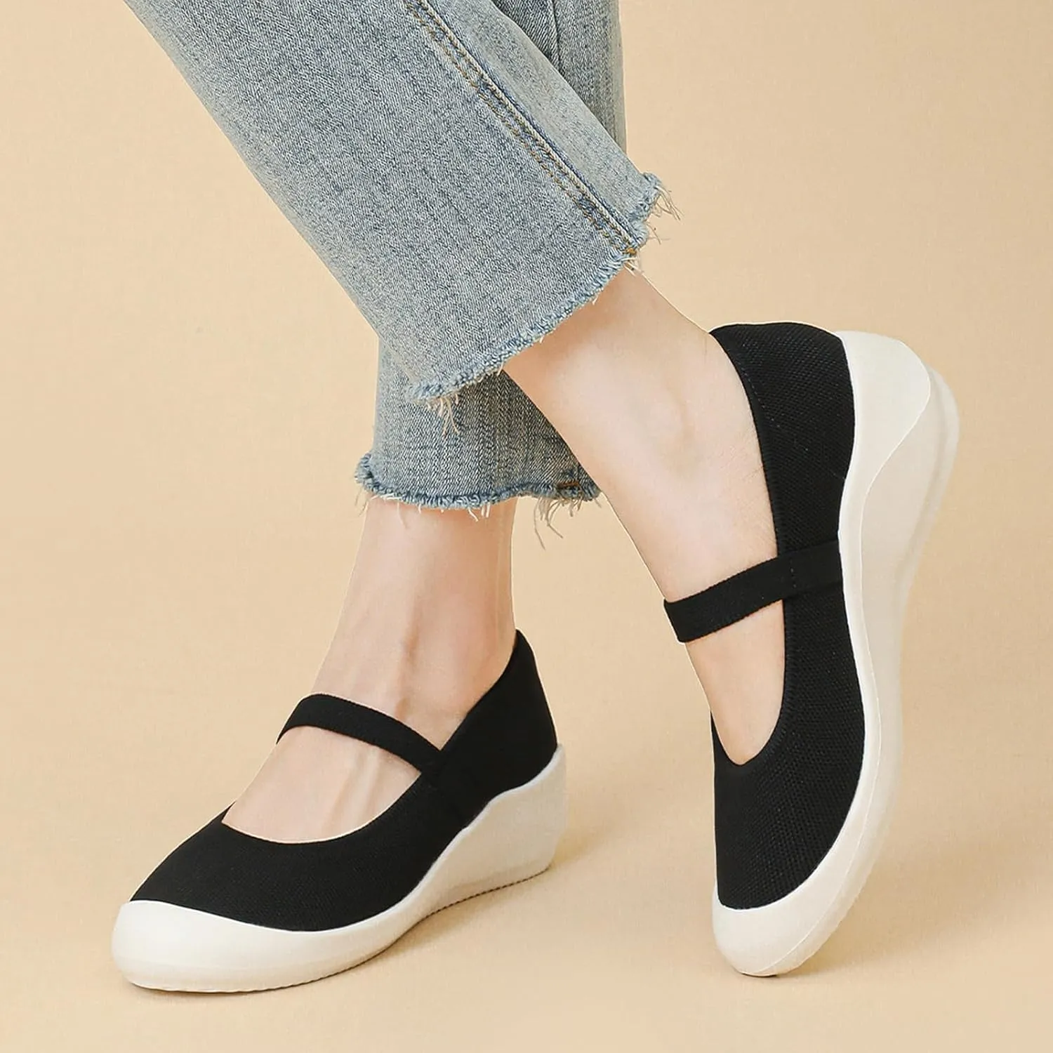 NELSBREXWomen'S Knitted Platform Orthopedic Mary Jane Flats Comfortable Cap Toe Non-Slip Arch Support Breathable Walking Mam Shoes to Relieve Plantar Pain Rehabilitation Shoes