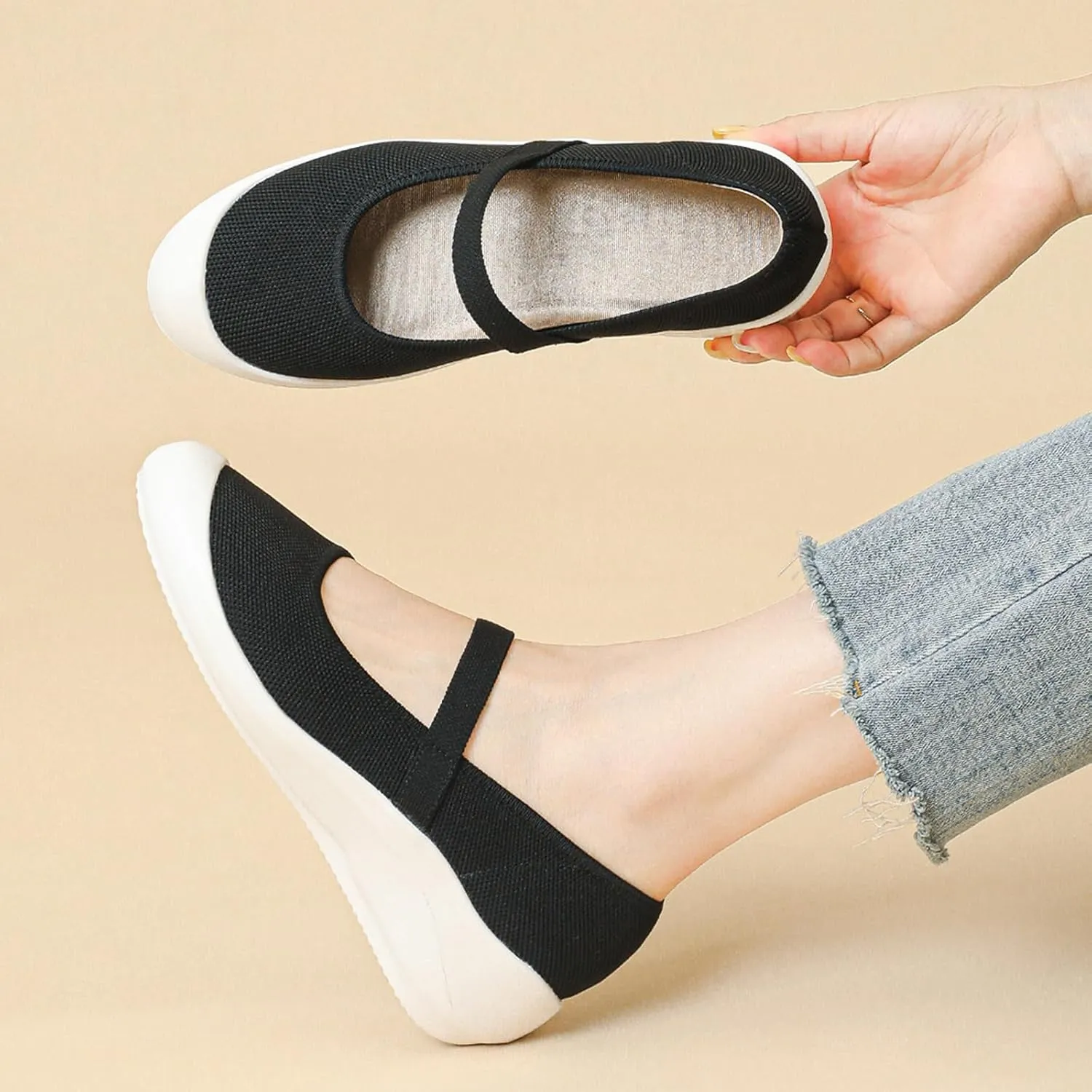 NELSBREXWomen'S Knitted Platform Orthopedic Mary Jane Flats Comfortable Cap Toe Non-Slip Arch Support Breathable Walking Mam Shoes to Relieve Plantar Pain Rehabilitation Shoes