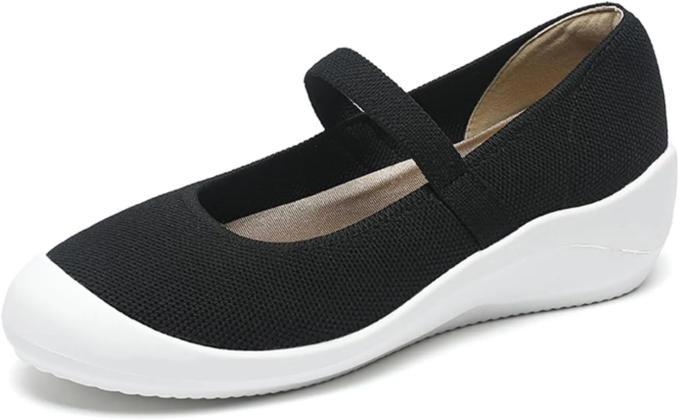 NELSBREXWomen'S Knitted Platform Orthopedic Mary Jane Flats Comfortable Cap Toe Non-Slip Arch Support Breathable Walking Mam Shoes to Relieve Plantar Pain Rehabilitation Shoes