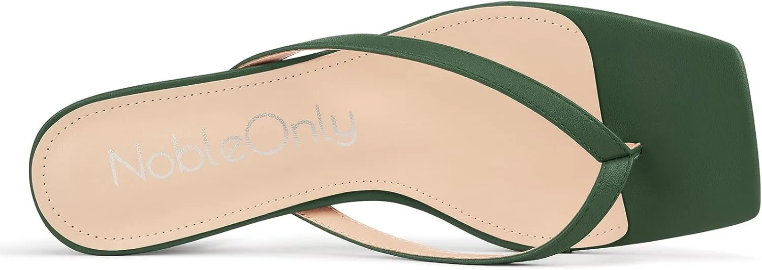 NobleOnly Women's Flip Flop Heels Thong Sandals Heeled Mules for Women Square Open Toe Low Kitten Heels Dress Casual 1.4 Inches Sandals