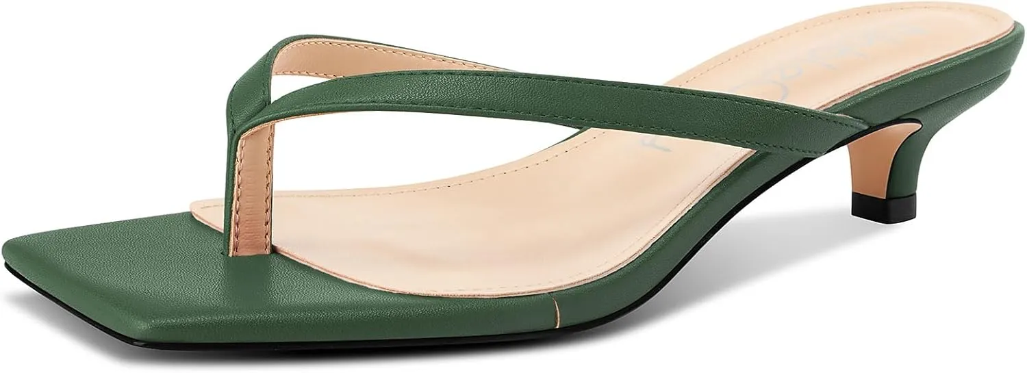 NobleOnly Women's Flip Flop Heels Thong Sandals Heeled Mules for Women Square Open Toe Low Kitten Heels Dress Casual 1.4 Inches Sandals