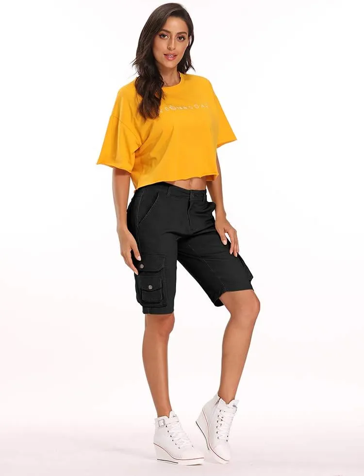 OCHENTA Women's Casual Multi-Pockets Bermuda Cargo Shorts Camo Knee Length Summer Hiking Shorts
