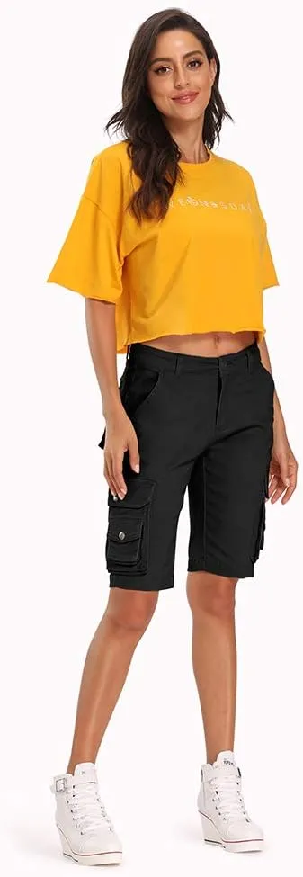 OCHENTA Women's Casual Multi-Pockets Bermuda Cargo Shorts Camo Knee Length Summer Hiking Shorts