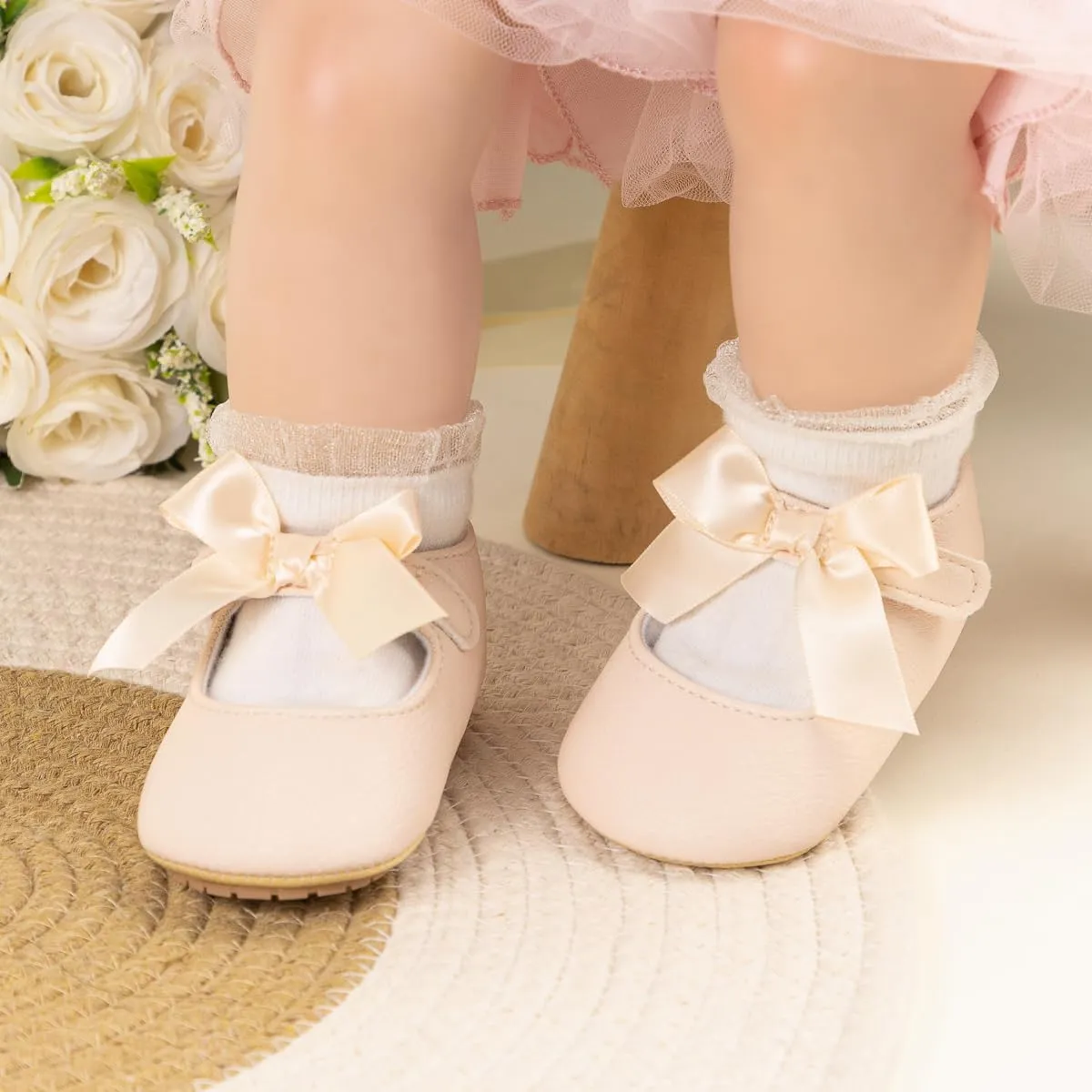 ohsofy Infant Baby Girls Mary Jane Flats Non-Slip Bowknot Princess Wedding Dress Shoes Toddler Crib Shoes