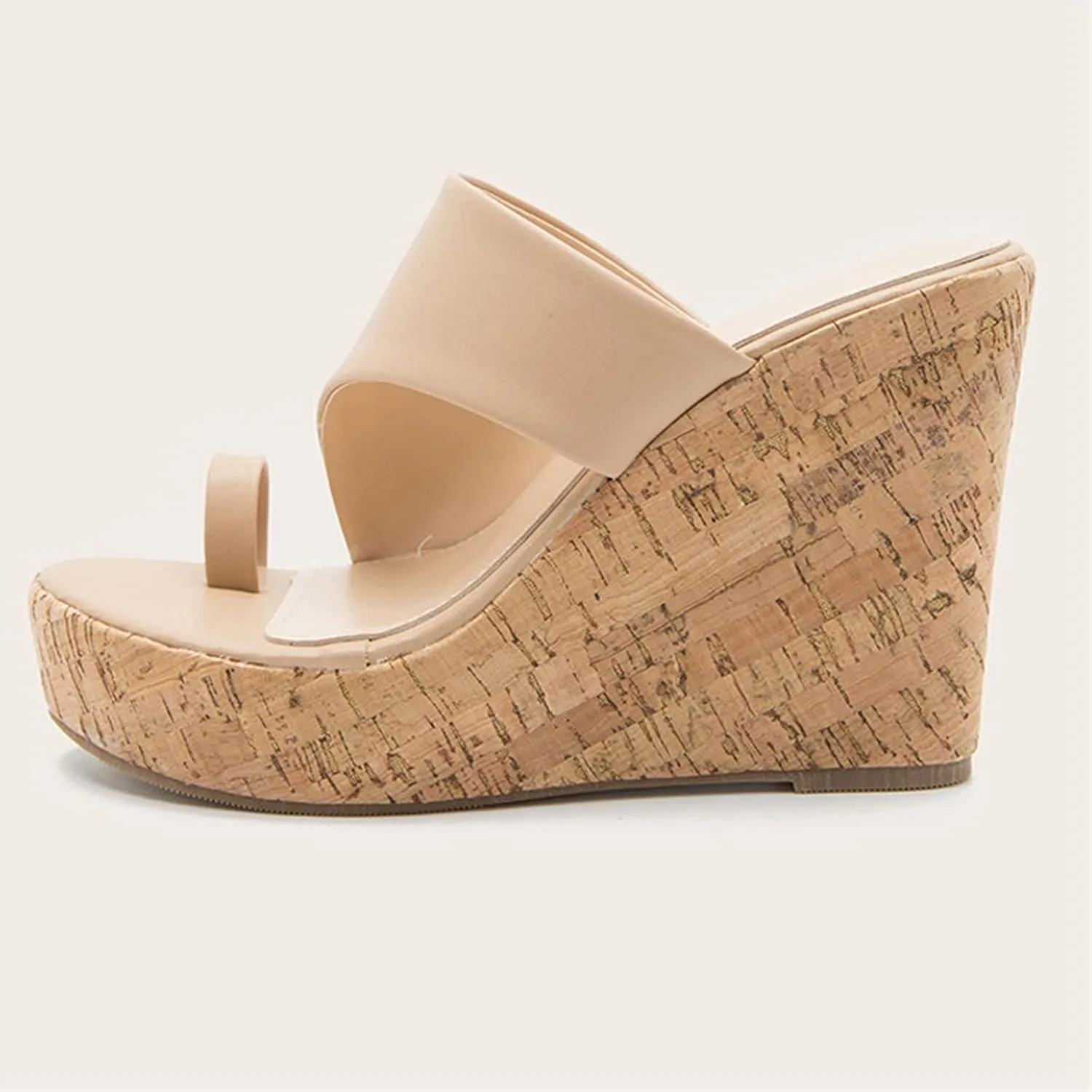 oiangi Chunky Sandals for Women High Heels Summer Casual Toe Ring Open Toe Slip-on Imitation Wood Wedge Platform Flip Flops Comfy Outdoor Ladies Shoes Slipper