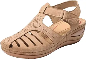 oiangi Wedge Sandals for Women Casual Summer Solid Color Hollow Closed Toe Hook and Loop Sandals Soft Comfortable Lightweight Outdoor Beach Travel Shoes
