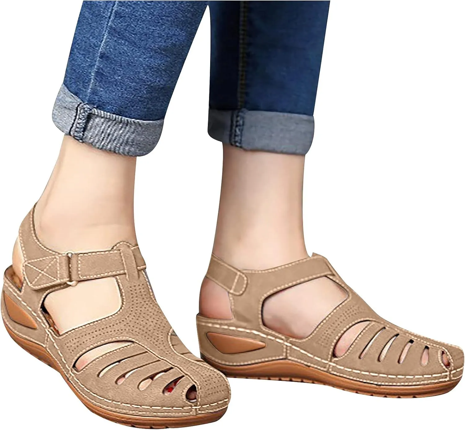 oiangi Wedge Sandals for Women Casual Summer Solid Color Hollow Closed Toe Hook and Loop Sandals Soft Comfortable Lightweight Outdoor Beach Travel Shoes