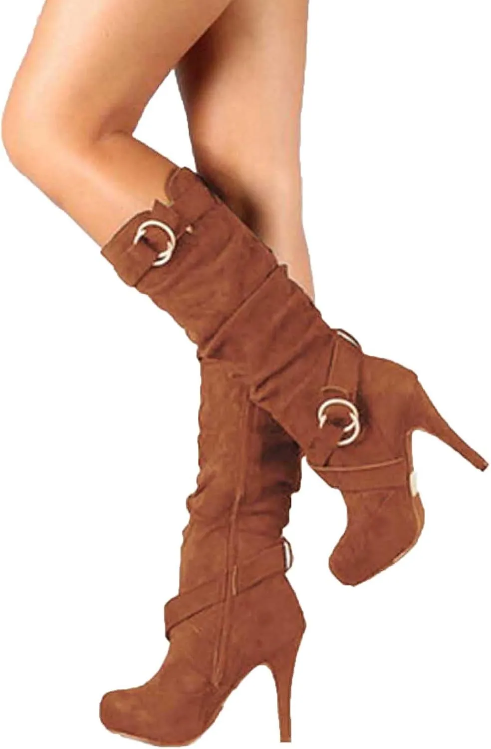 oiangi Women Stiletto Mid Calf Boots 2022 Winter Fashion Suede Round Toe Cross Belt Buckle Platform Thin High Heel Boots Solid Zipper Ladies Casual Shoes