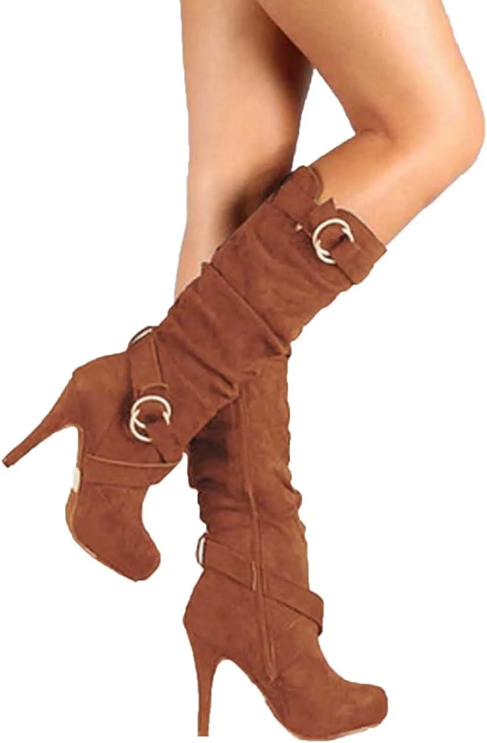 oiangi Women Stiletto Mid Calf Boots 2022 Winter Fashion Suede Round Toe Cross Belt Buckle Platform Thin High Heel Boots Solid Zipper Ladies Casual Shoes