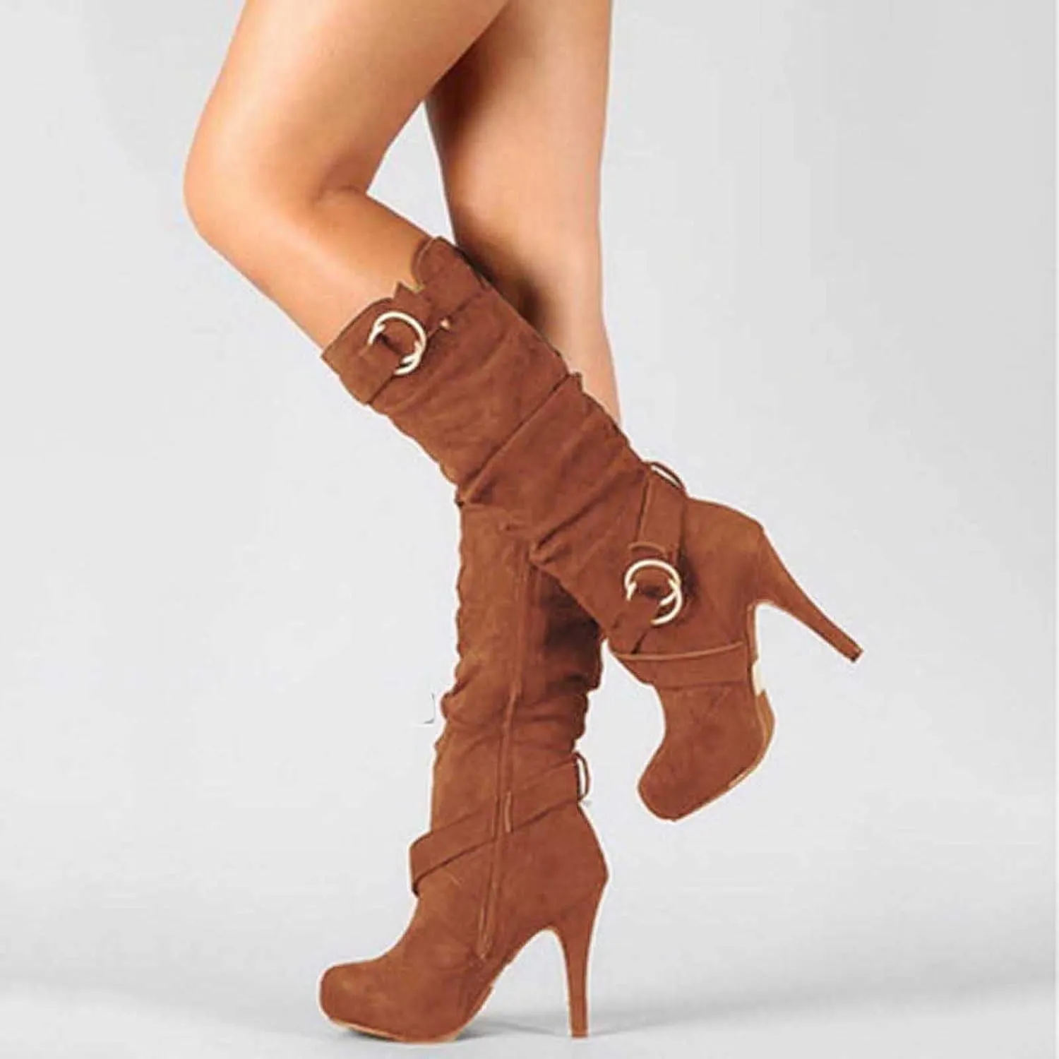 oiangi Women Stiletto Mid Calf Boots 2022 Winter Fashion Suede Round Toe Cross Belt Buckle Platform Thin High Heel Boots Solid Zipper Ladies Casual Shoes