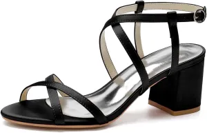 Open Toe Satin Strappy Block Heels Wedding Shoes for Bride Low Heels White Bridal Shoes Ankle Strap White Heels Prom Evening Party Dress Shoes Pumps for Women