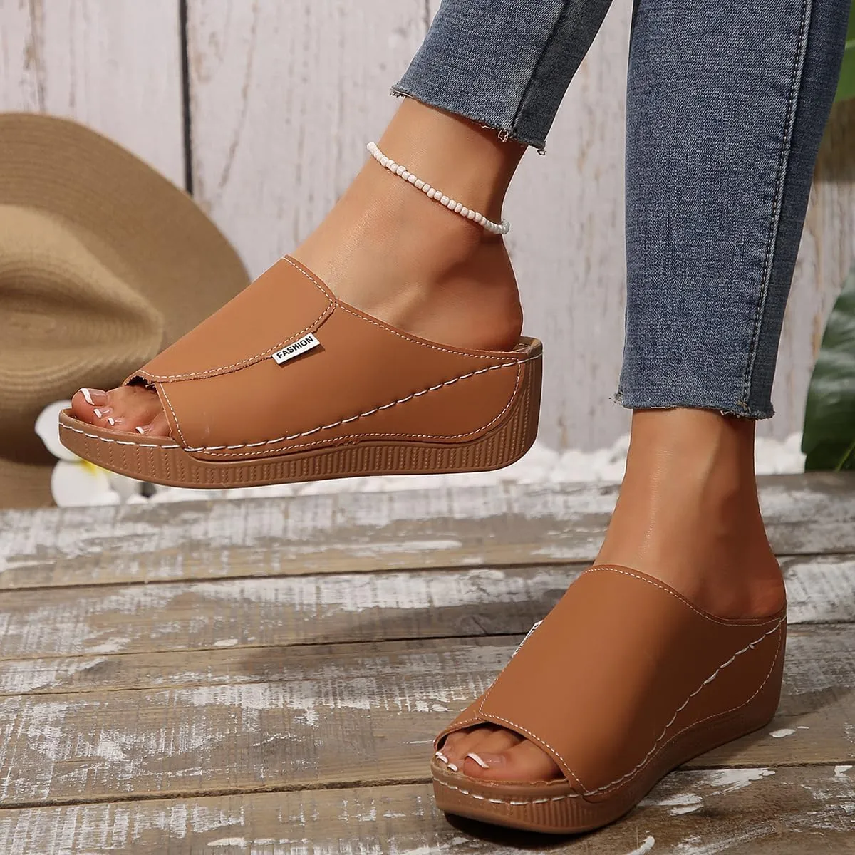 Orthopedic Sandals for Women 2025 Platform Slides for Women with Arch Support Summer Casual Comfortable Breathable Leather Wedge Slip On Walking Shoes
