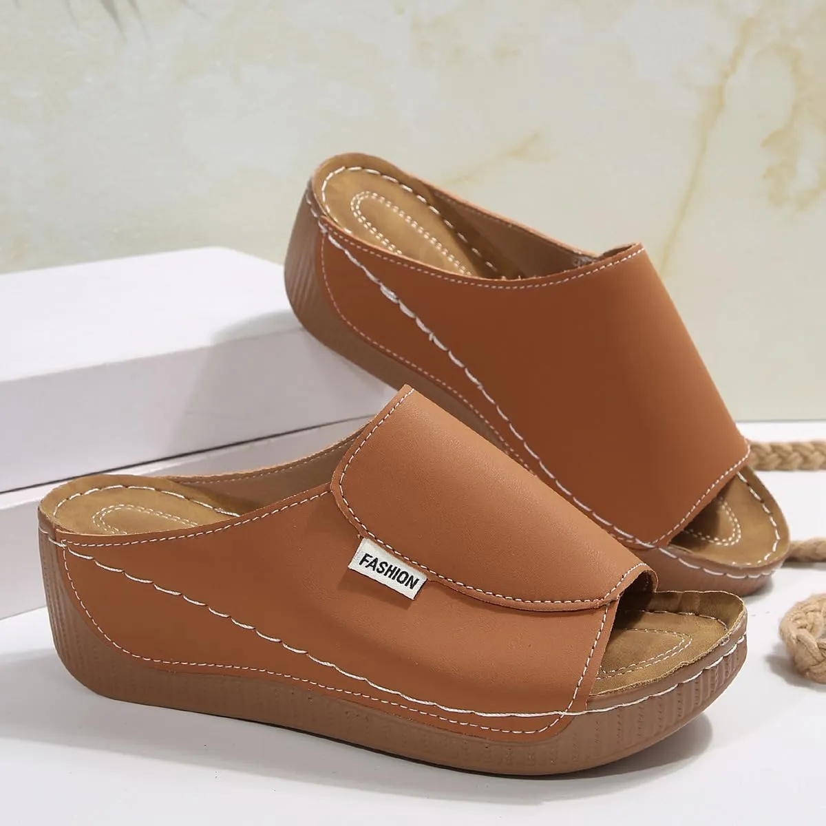 Orthopedic Sandals for Women 2025 Platform Slides for Women with Arch Support Summer Casual Comfortable Breathable Leather Wedge Slip On Walking Shoes