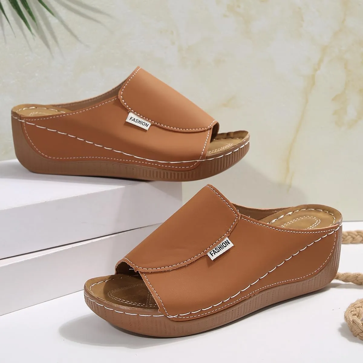 Orthopedic Sandals for Women 2025 Platform Slides for Women with Arch Support Summer Casual Comfortable Breathable Leather Wedge Slip On Walking Shoes