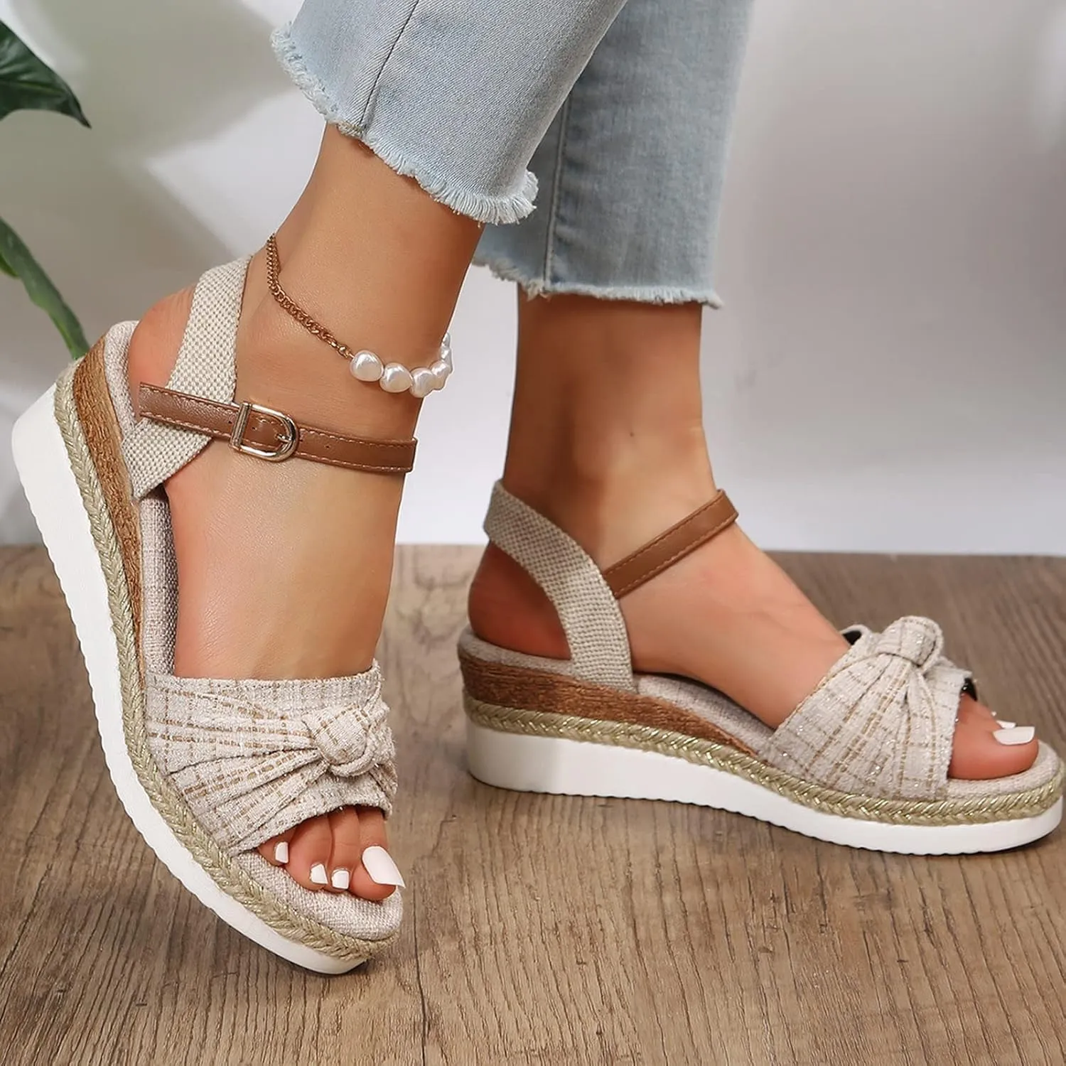 Orthopedic Sandals for Women,Women Walking Slippers with Arch Support Wedge Sandals Summer Dressy Open Toe Ankle Strap Platform Beach Casual Slip on Sandals Beach Dress Comfortable (Beige-8, 8)
