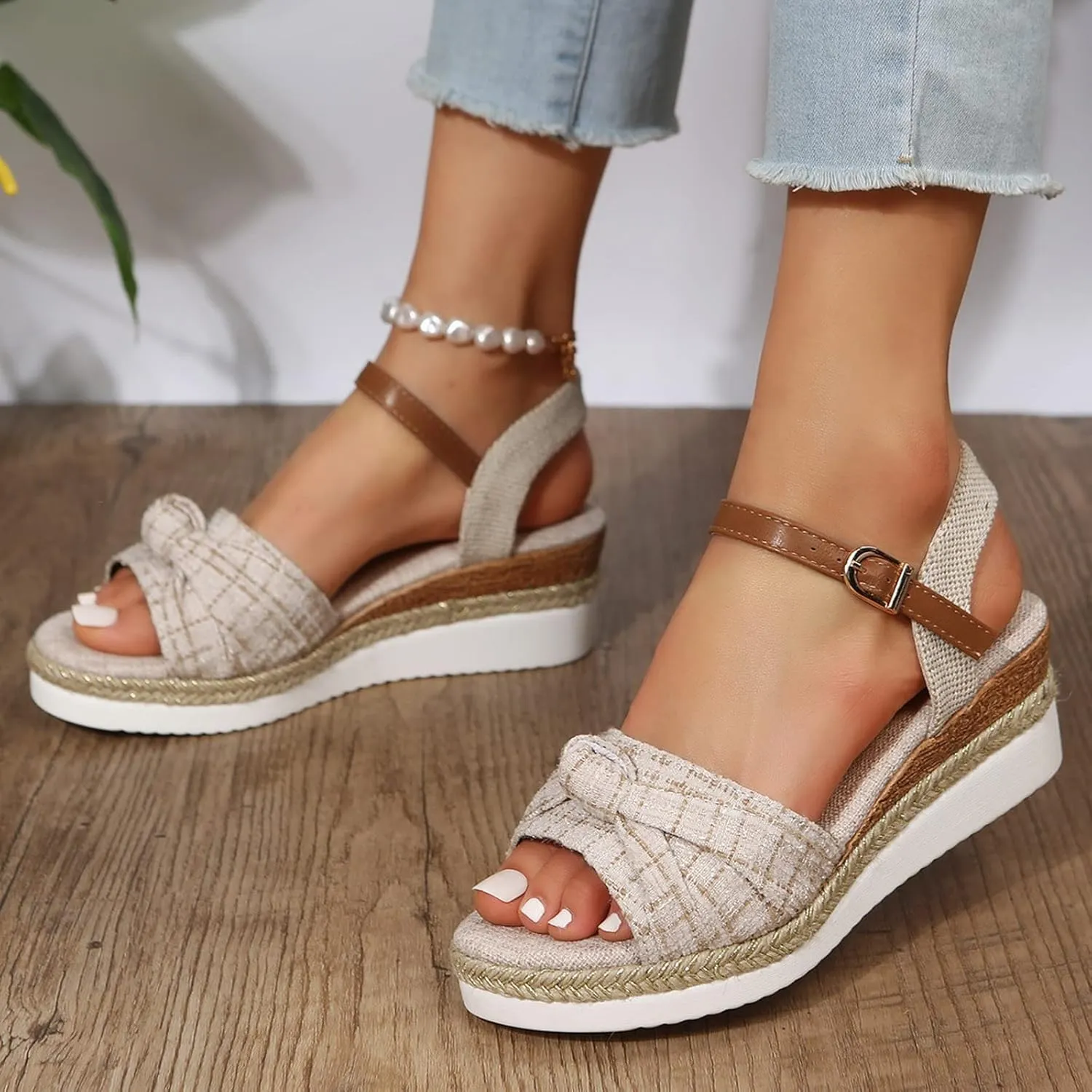Orthopedic Sandals for Women,Women Walking Slippers with Arch Support Wedge Sandals Summer Dressy Open Toe Ankle Strap Platform Beach Casual Slip on Sandals Beach Dress Comfortable (Beige-8, 8)