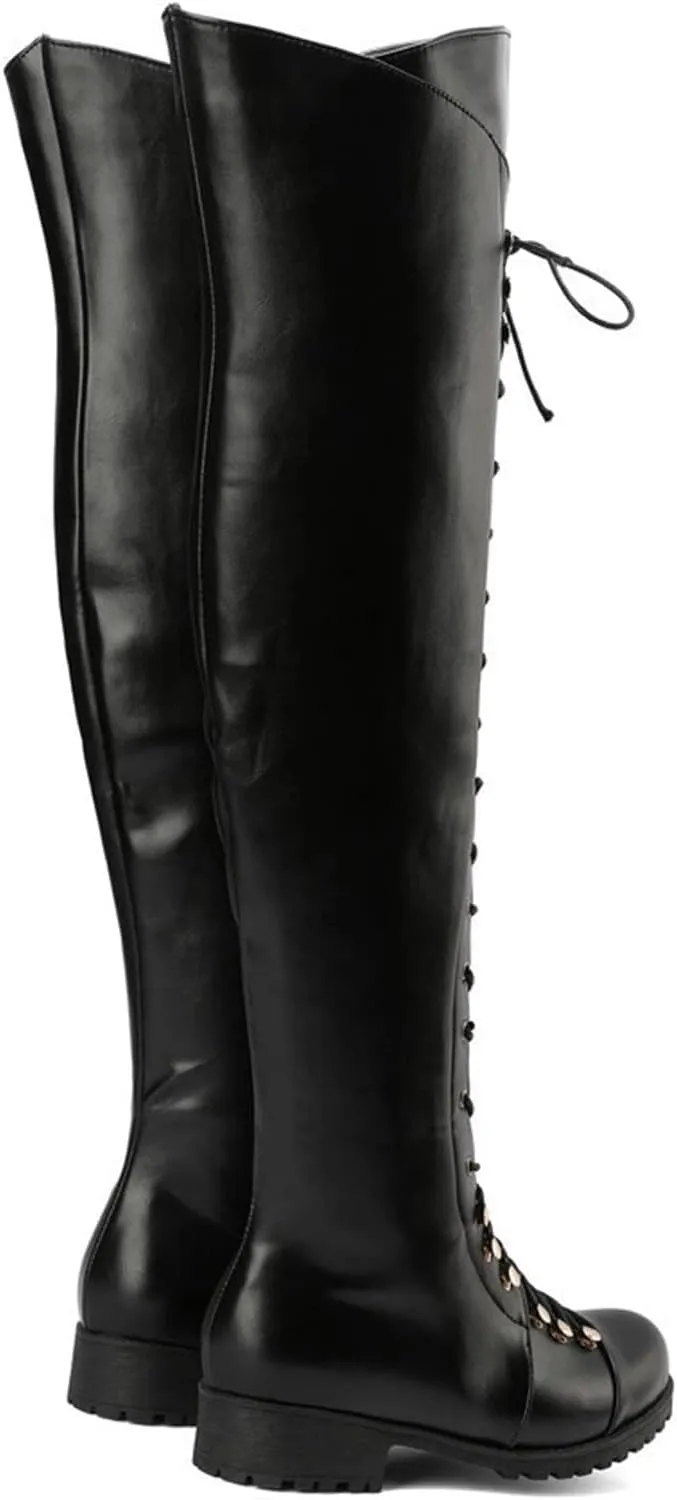 Over The Knee High Boots Lace up Flat Long Boot Winter PU Leather Riding Boot Fashion Buckle Knee High Combat Boots