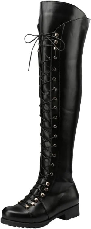 Over The Knee High Boots Lace up Flat Long Boot Winter PU Leather Riding Boot Fashion Buckle Knee High Combat Boots