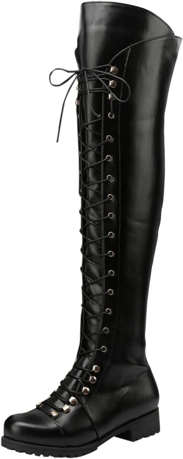 Over The Knee High Boots Lace up Flat Long Boot Winter PU Leather Riding Boot Fashion Buckle Knee High Combat Boots