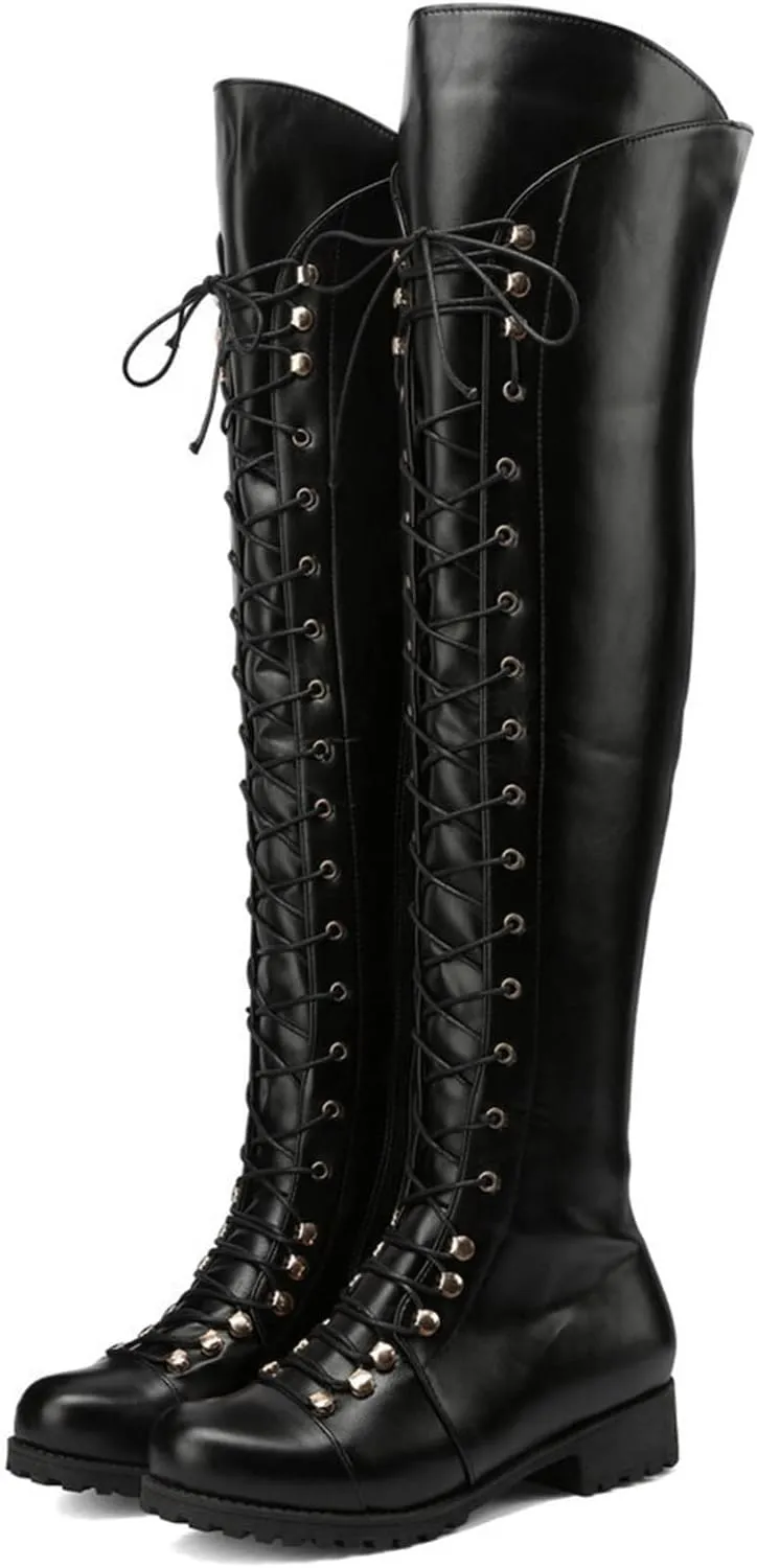 Over The Knee High Boots Lace up Flat Long Boot Winter PU Leather Riding Boot Fashion Buckle Knee High Combat Boots
