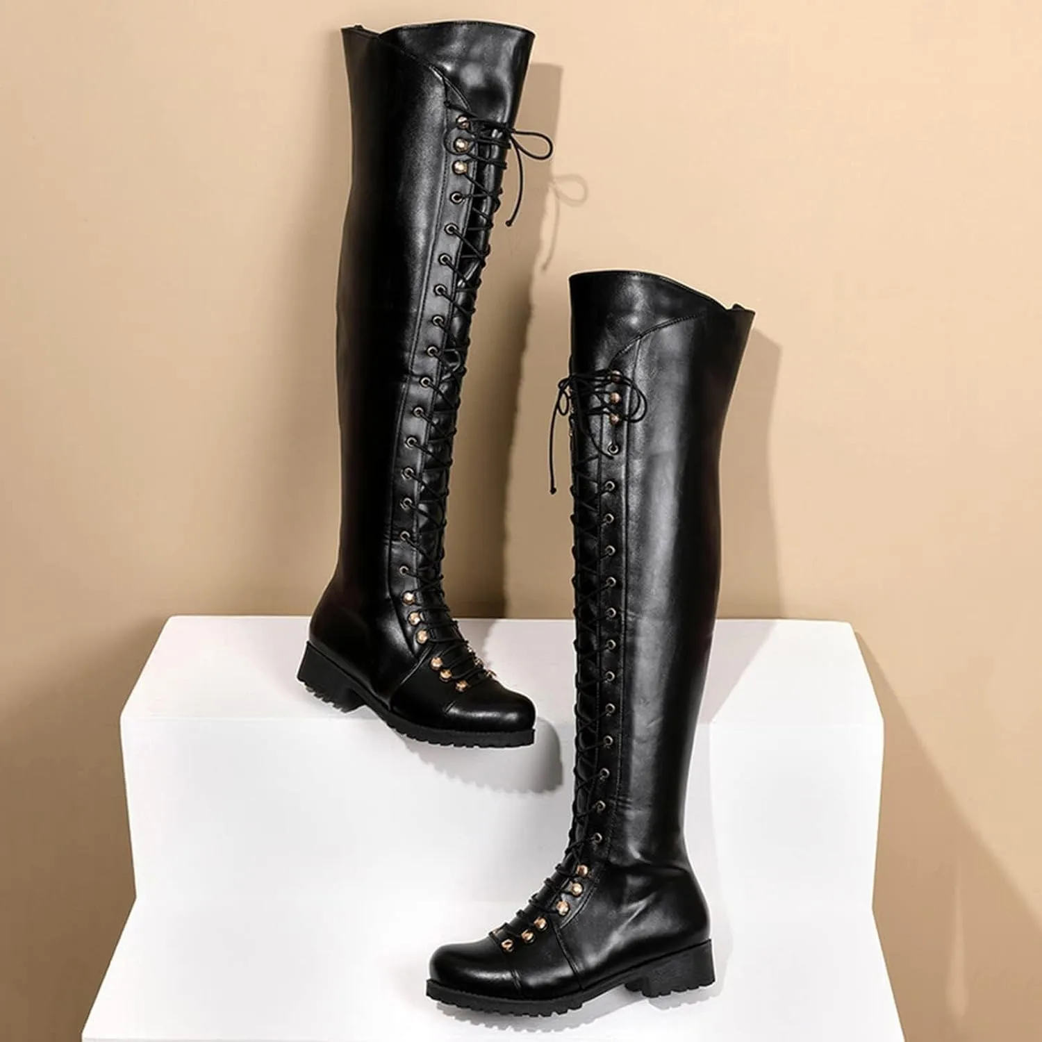 Over The Knee High Boots Lace up Flat Long Boot Winter PU Leather Riding Boot Fashion Buckle Knee High Combat Boots