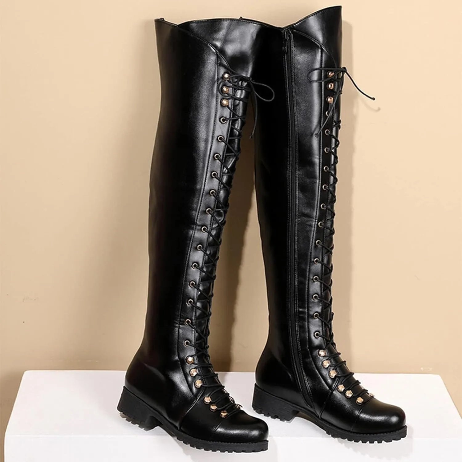 Over The Knee High Boots Lace up Flat Long Boot Winter PU Leather Riding Boot Fashion Buckle Knee High Combat Boots