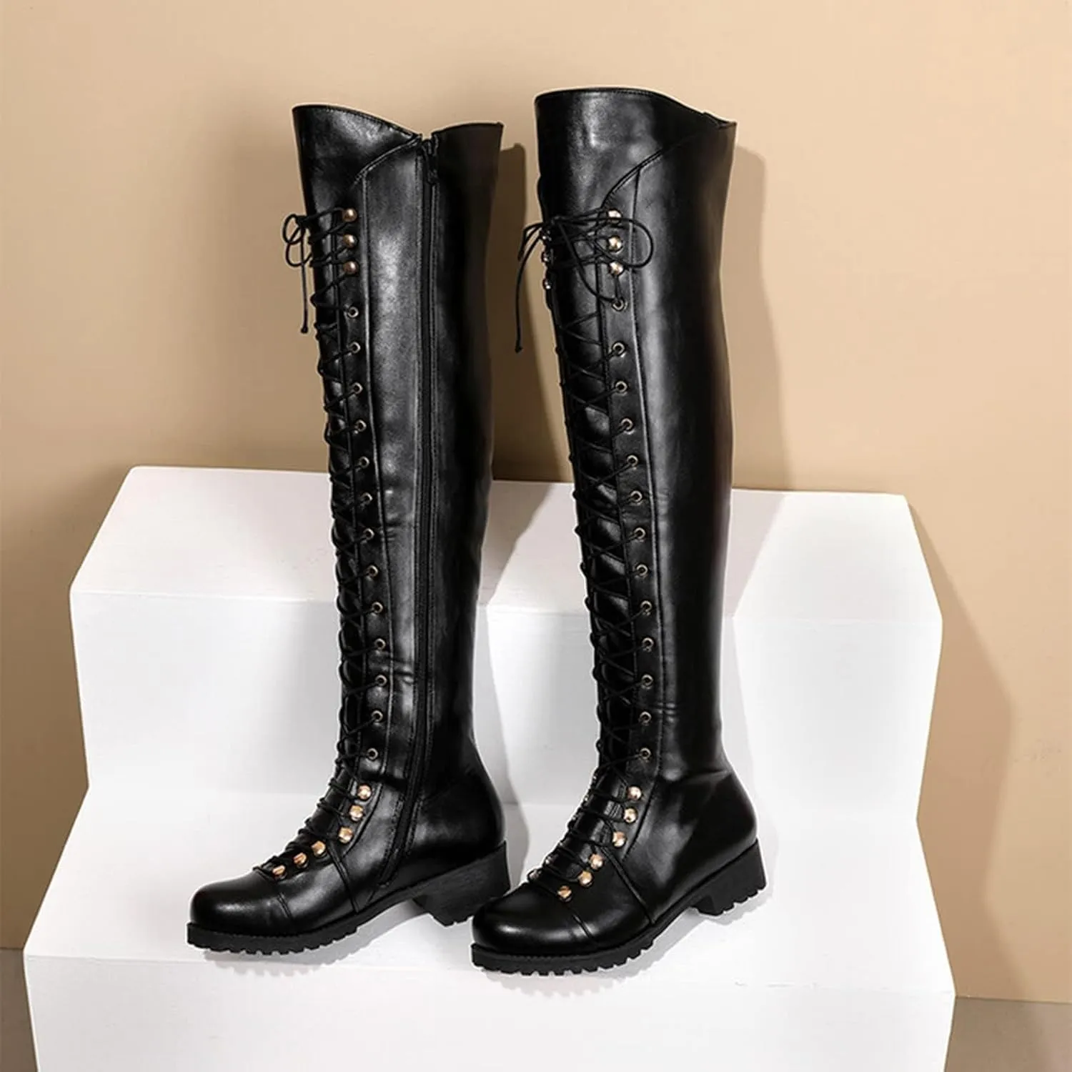 Over The Knee High Boots Lace up Flat Long Boot Winter PU Leather Riding Boot Fashion Buckle Knee High Combat Boots