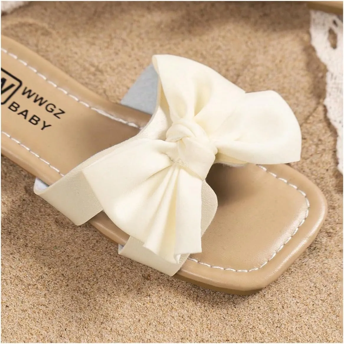 OYOANGLE Girl's Cute Bowknot Square Open Toe Slide Sandals Summer Leather Slippers