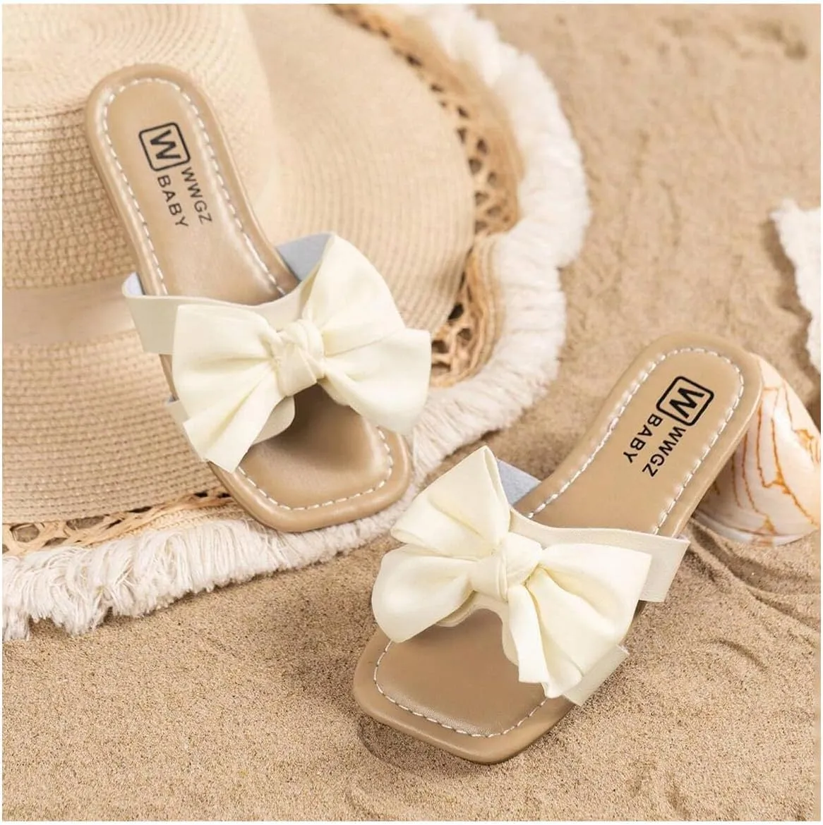 OYOANGLE Girl's Cute Bowknot Square Open Toe Slide Sandals Summer Leather Slippers
