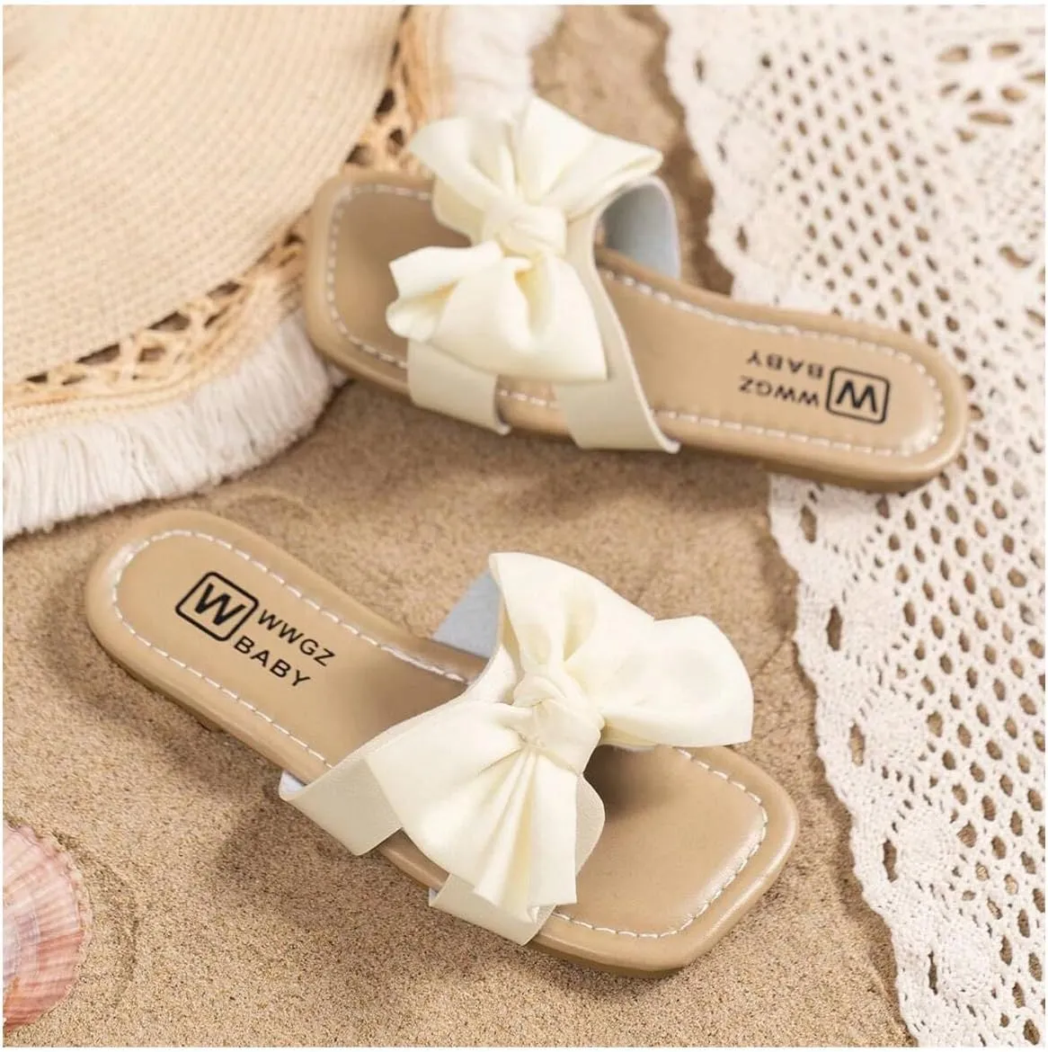 OYOANGLE Girl's Cute Bowknot Square Open Toe Slide Sandals Summer Leather Slippers